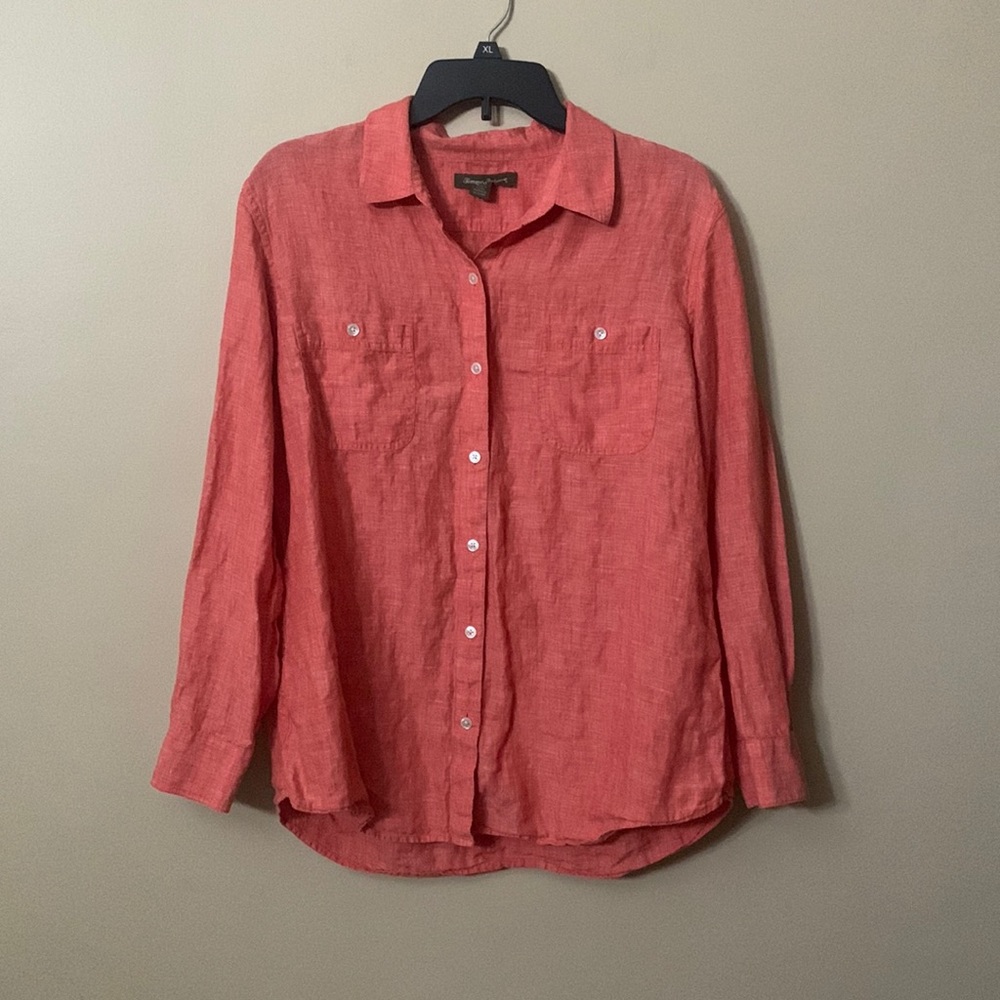 Tommy Bahama ~ Mens L ~ 100% Linen ~ Pink Button Up Roll Tab